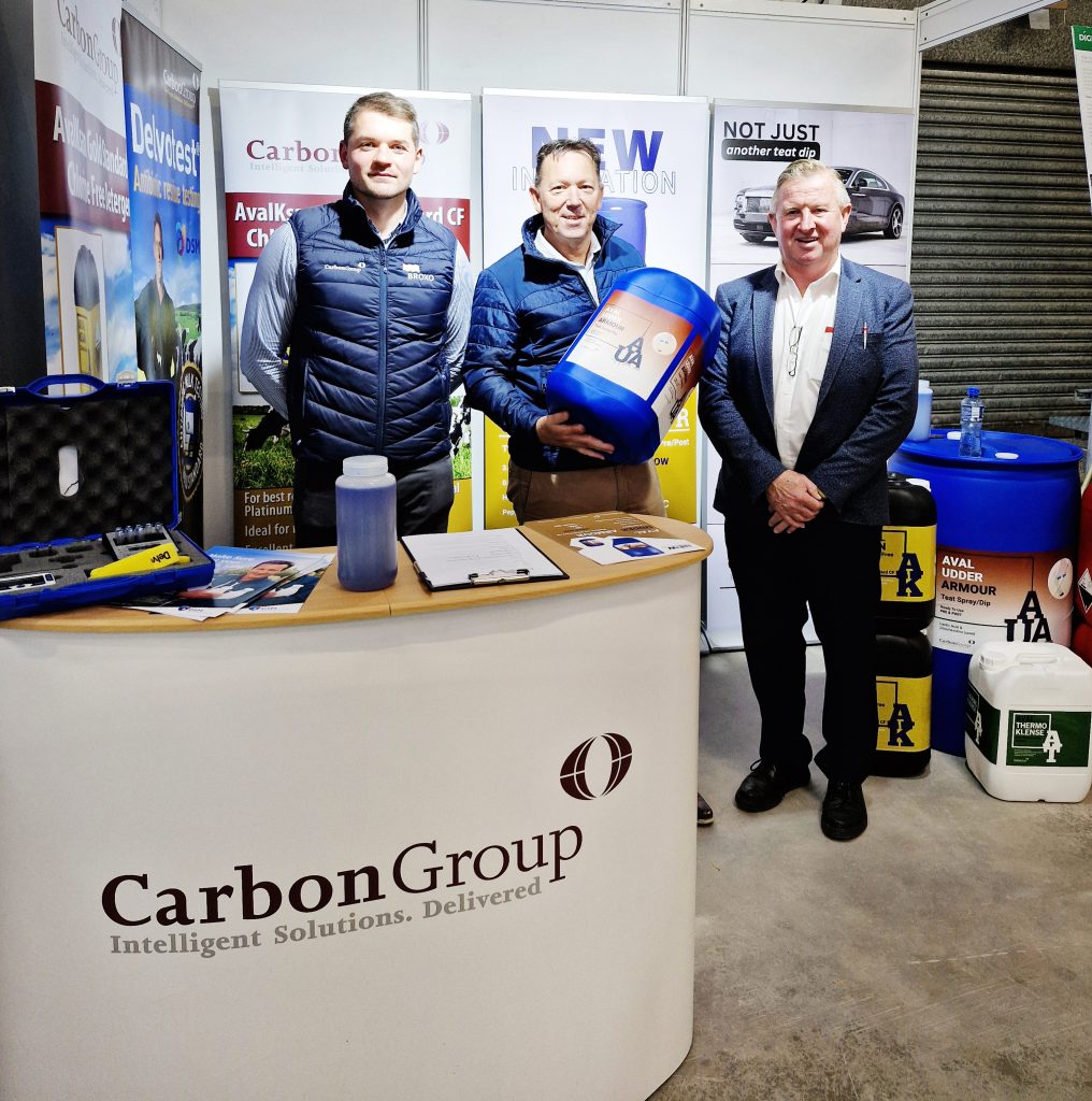 (L-R) Cormac O'Flaherty (Carbon Group), Gerard Webb (Carbon Group) and Joe Murphy (Care Chem Supplies) at The Axa National Dairy Show, 2024 in Millstreet.